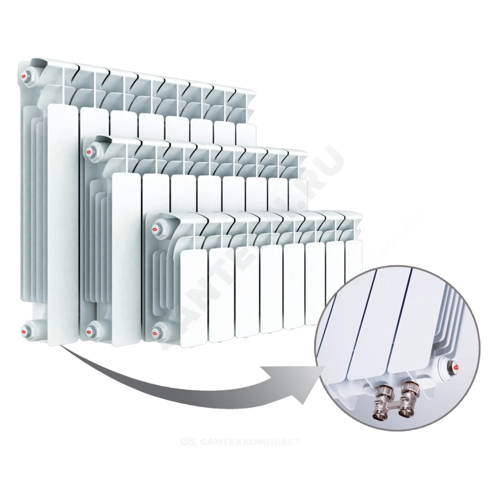Радиатор биметаллический Base Ventil 200 16 секций Qну=1600 Вт с т/клапаном М30х1,5 ниж/п прав RAL 9016 (белый) RIFAR BVR 200-16