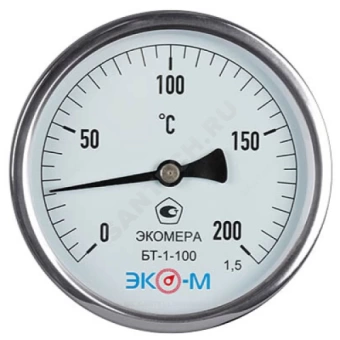 Термометр биметаллический осевой Дк100 L=60мм 200С БТ-1-100 ЭКОМЕРА БТ-1-100-200С-L60